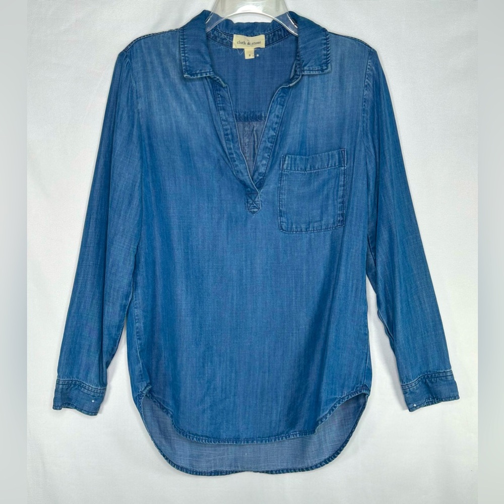 Cloth & Stone Tunic Top Blue Chambray‎ Long Sleeve High Low Hem  Sz S